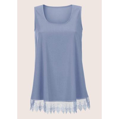 Blusentop MADELEINE "Top Feminines Blusentop mit Spitzenbesatz", Damen, Gr. 44, blau (stahlblau), Obermaterial: 100% Polyester PES., Modern, normal, Blusen Blusentop