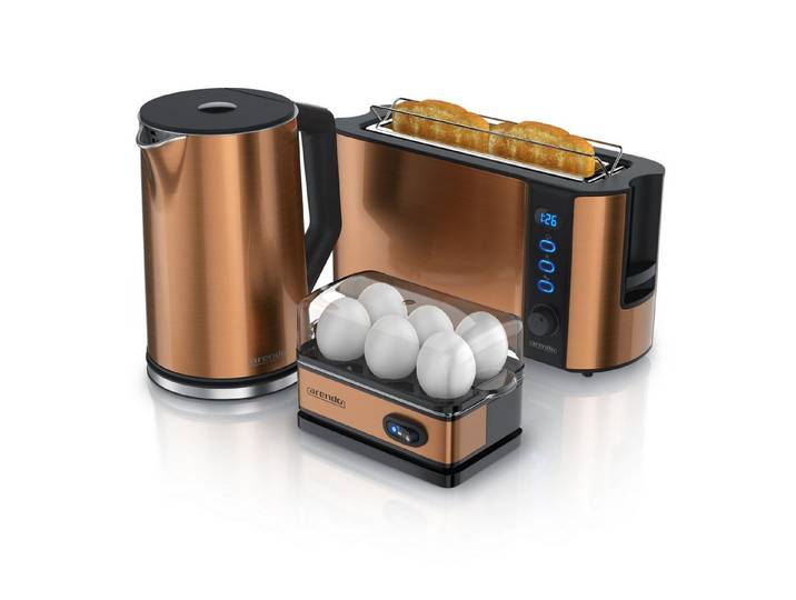 Arendo Frühstücks-Set Wasserkocher 1,5l, 2-Scheiben Toaster, 6er Eierkocher, Kupfer (3-tlg), Edelstahl, BPA-frei, GS-geprüfte Sicherheit, fürs Familienfrühstück