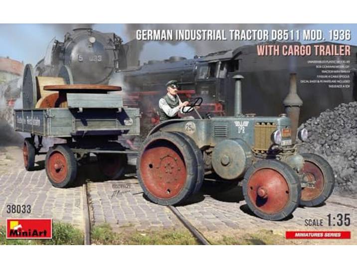 Miniart MIN38033 1:35-Duitse Tractor D8511 Mod 1936 w/Trailer Schaal Model kit, Ongeschilderd