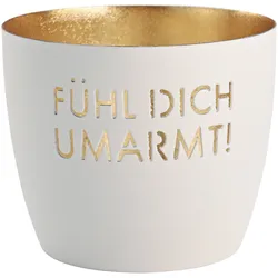 Madras Windlicht M mit Motiv Fühl dich umarmt! in Weiß/Gold
