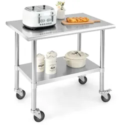 Helloshop26 - Rollbarer Arbeitstisch 91,5 x 61 x 88,5 cm leicht zu bewegen 2 Ebenen modern silberfarbener Edelstahl 20_0014042