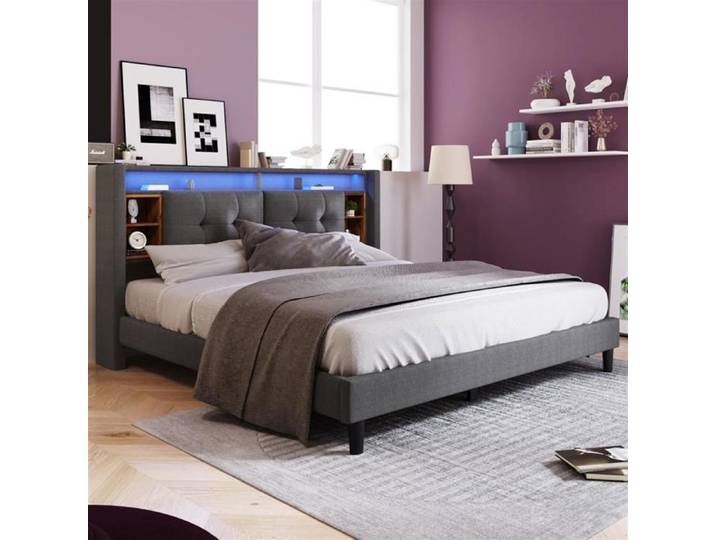 Lit double - GUTENT - 140x200CM - Rembourré - Espace de rangement - USB rechargeable