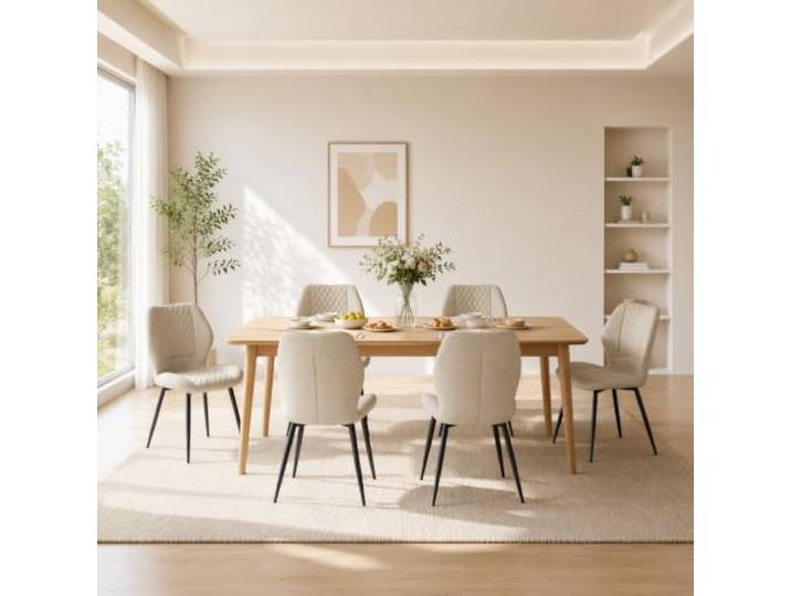 LEWE Esszimmerstühle 6 Set gepolsterte, Küchenstühle, Hellbraun Aus Leinen, Metallbeine, Rautenmuster, nordische Küchenstühle, für Esszimmer, Wohnzimmer, Büro