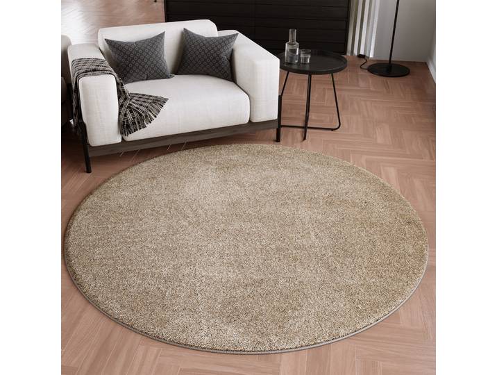 Teppich WECON HOME Wogh , sand beige, H:25mm Ø:120cm, Polyester, Teppiche, Teppich, Kurzflor, maschinell gewebt, robust, Wohn- & Schlafzimmer, einfarbig
