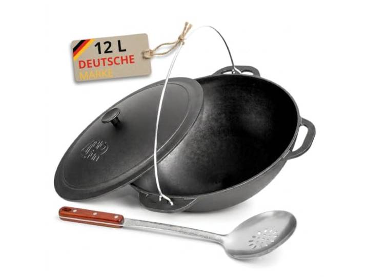 Premium Gusseisen Kazan 12L Schwenktopf Plov mit Bügel und Gusseisendeckel Traditioneller Gusstopf Kasan Grillwok preseasoned bereits eingebrannt Schmortopf mit Schaumkelle