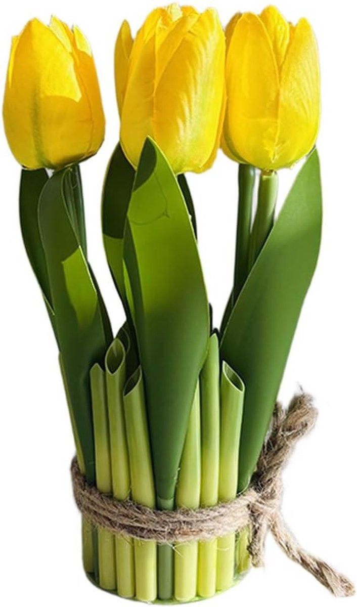 Geel Kunsttulpen Boeket met 7 Levensechte Koppen - Huisdecoratie - Hoogte: 19.5 cm