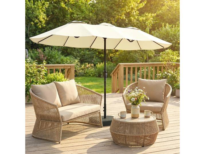 Outsunny Parasol Double 3x1,5m Beige avec Base et Housse