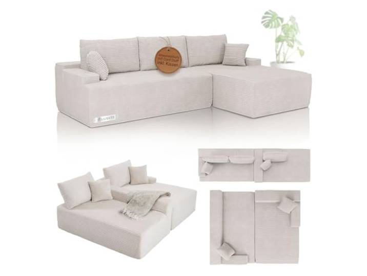 Juskys Sofa Coredo - modernes Cord Sofa mit Ottomane rechts, gemütliche Couch mit Schaumstoffpolsterung, Cordbezug & Kissen, modular - Beige
