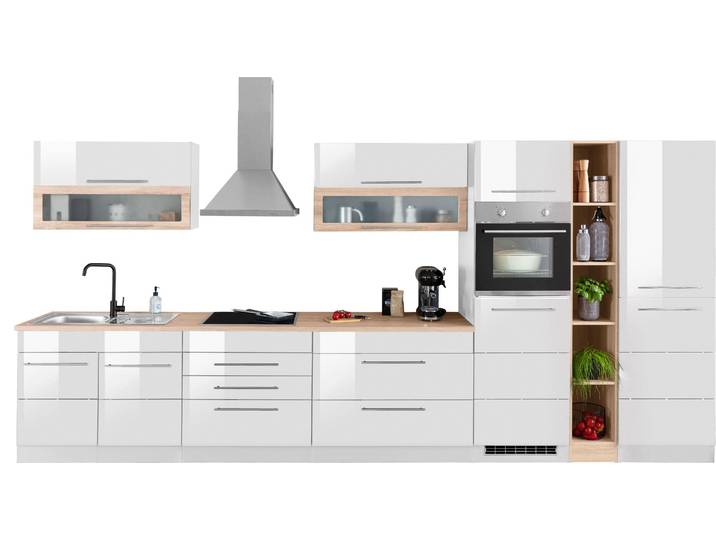 Küchenzeile, Spanplatte, Weiß Hochglanz, 430×60 cm, Mit Induktion, Modern, Kochstation