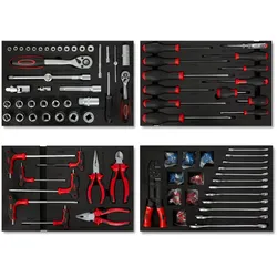 EBERTH Multitool Set 81-tlg für Werkstattwagen, Schaumstoffeinlagen, Hartmetall, ergonomisch, für 4 Schubladen, KFZ & Profi, rot