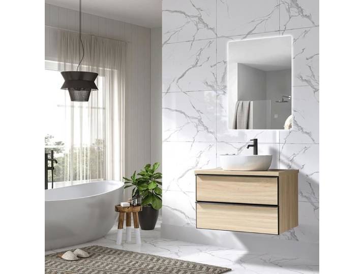 Meuble de salle de bain simple vasque 80cm chêne clair avec miroir led - LUXURY BAIN
