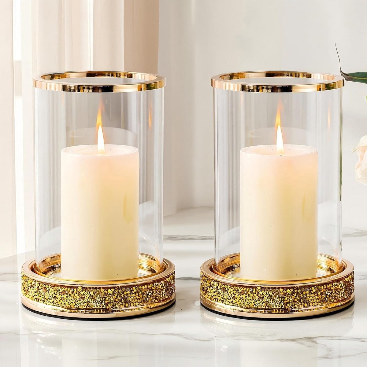 Set van 2 gouden stompkaarsenhouders van gehard glas voor feestelijke decoratie