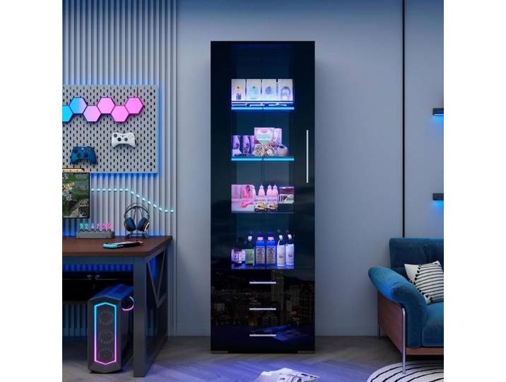 Vitrine / meuble vitrine - KOMHTOM - 60 x 35 x 180 cm - Noir brillant - LED pilotable via app - 1 porte 3 tiroirs