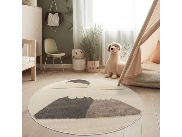 Paco Home Kinderzimmer Moderner Kinderteppich Robuster Spielteppich 3D-Effekt Naturtöne Weiche Schlingenstruktur Pflegeleichtes Berg-Motiv, Grösse:120 cm Rund, Farbe:Cremefarben