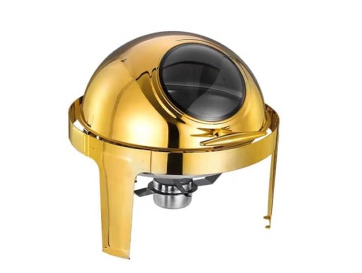 6L runder goldener Roll-Top-Chafing Dish, Flip-Top-Buffetofen Hotelfrühstück, Alkohol und Kerzenheizung