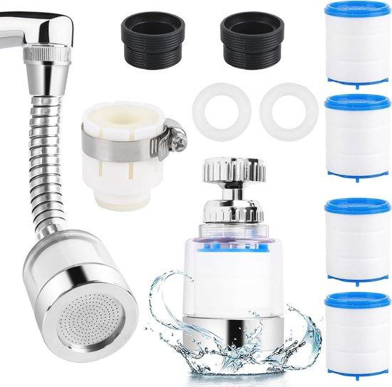 Draaibaar waterfilter voor keuken en badkamer, 360 graden met 4 katoenen filterelementen, wit
