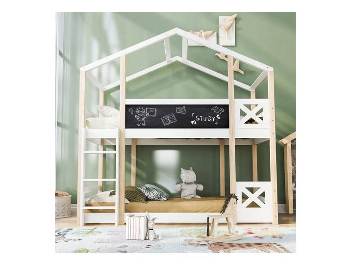 Rutaqian Kinderbett Hochbett,Kinderbett Baumhaus mit Leiter 90 x 200 cm (1-tlg), 2x Lattenrost- Natur & Weiß