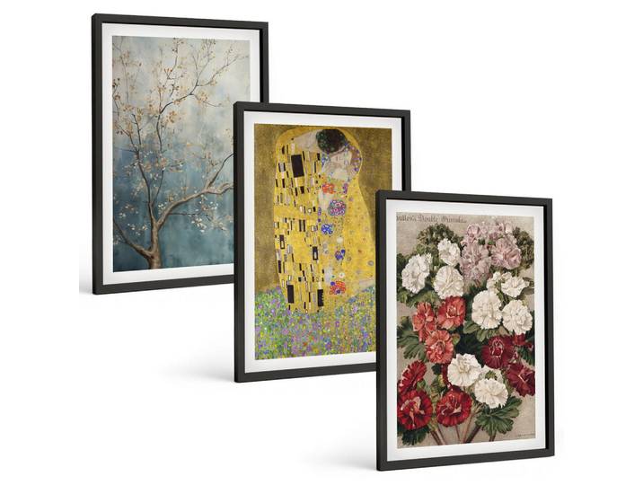 Tulup Bilder SET 3er Set - 40x60 cm Schwarzer Rahmen - Blumen des Baumes (Gemälde von Klimt), Kunststoff, Rechteckig, 40x60 cm, einfache und schnelle Anbringung, Bilder & Rahmen, Bilder