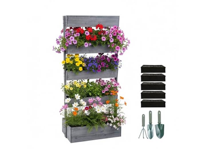 Relaxdays Jardinière Verticale Bois H×L×P 180×80×48 cm\, 5 bacs\, Balcon/terrasse\, Toile Non tissée & Accessoires\, Gris