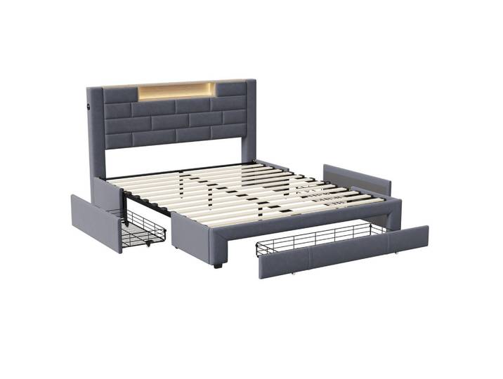 Polsterbett 160x200 cm, Grau, mit 3 Schubladen, LED & Usb, Mode, 160x200 cm, Schlafzimmer, Betten, Polsterbetten