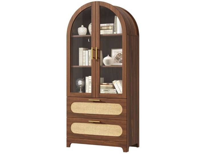 Vitrine Armoire-Vitrine bibliothèque 80x40x175 cm avec 2 tiroirs et 3 étagères réglables portes en verre MDF décor bois