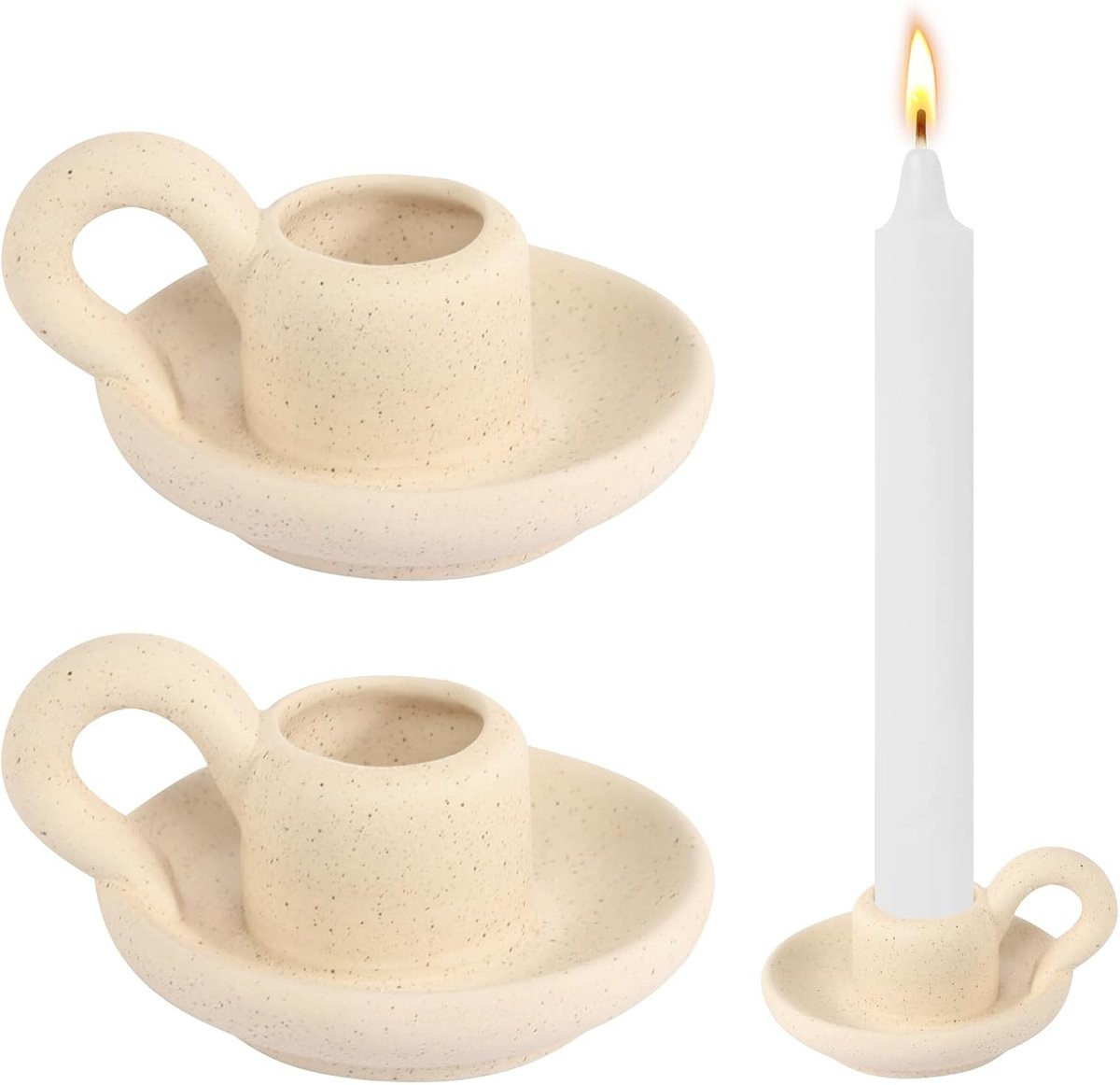 Thijox Set van 2 Keramische Kandelaars in Scandinavische Stijl met Handvat - Beige