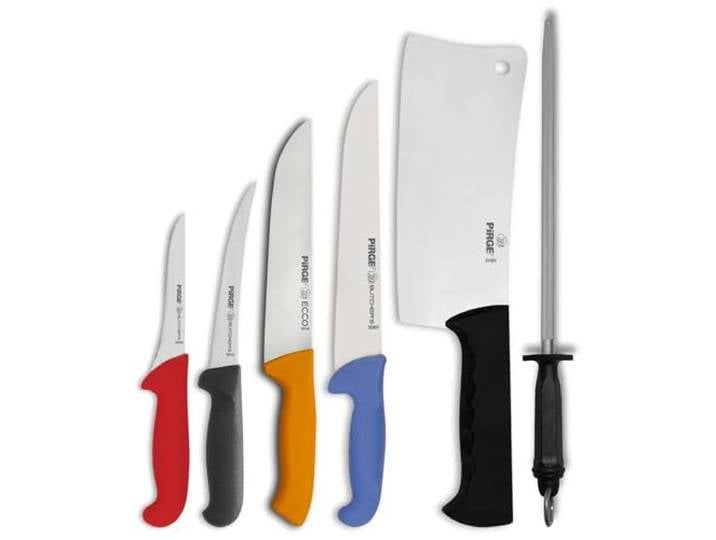 Pirge Metzgermesser Set 6 TLG Schlachtermesser - Fleischermesser - Hackmesser - Exzellenter Schärfe Ausbeinmesser - Wetzstahl - Edelstahl Profi Küchenmesser - Ergonomisches Kunststoff Griffdesign