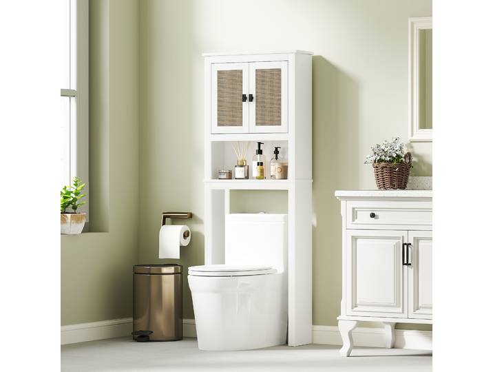 HOMCOM Meuble Toilette Rotin 2 Portes Étagère Ajustable Blanc