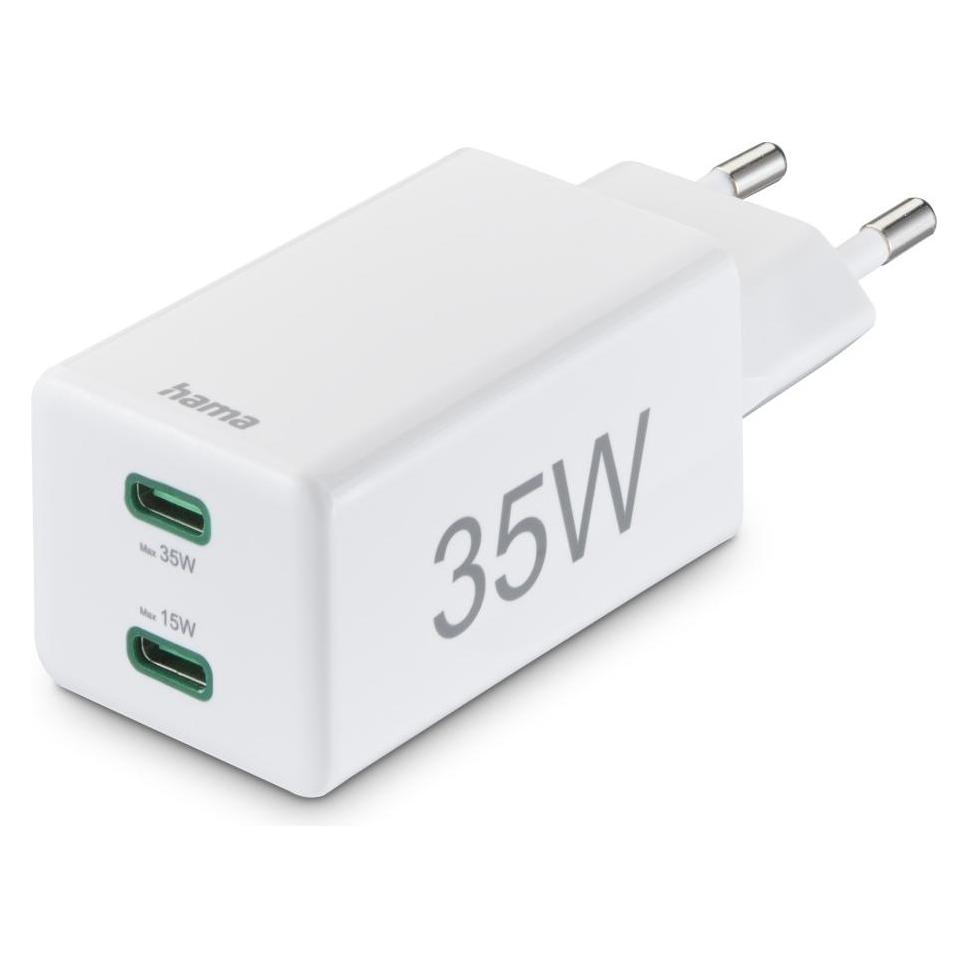 Hama Schnellladegerät, 2x USB-C, PD/Qualcomm, Mini-Ladegerät, 35 W, Weiss (35 W, 2 Ports) (00201694)
