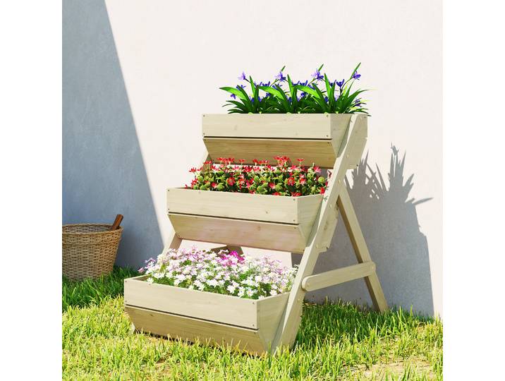 Outsunny Jardinière Surélevée 3 Niveaux Bois Vert avec Drainage