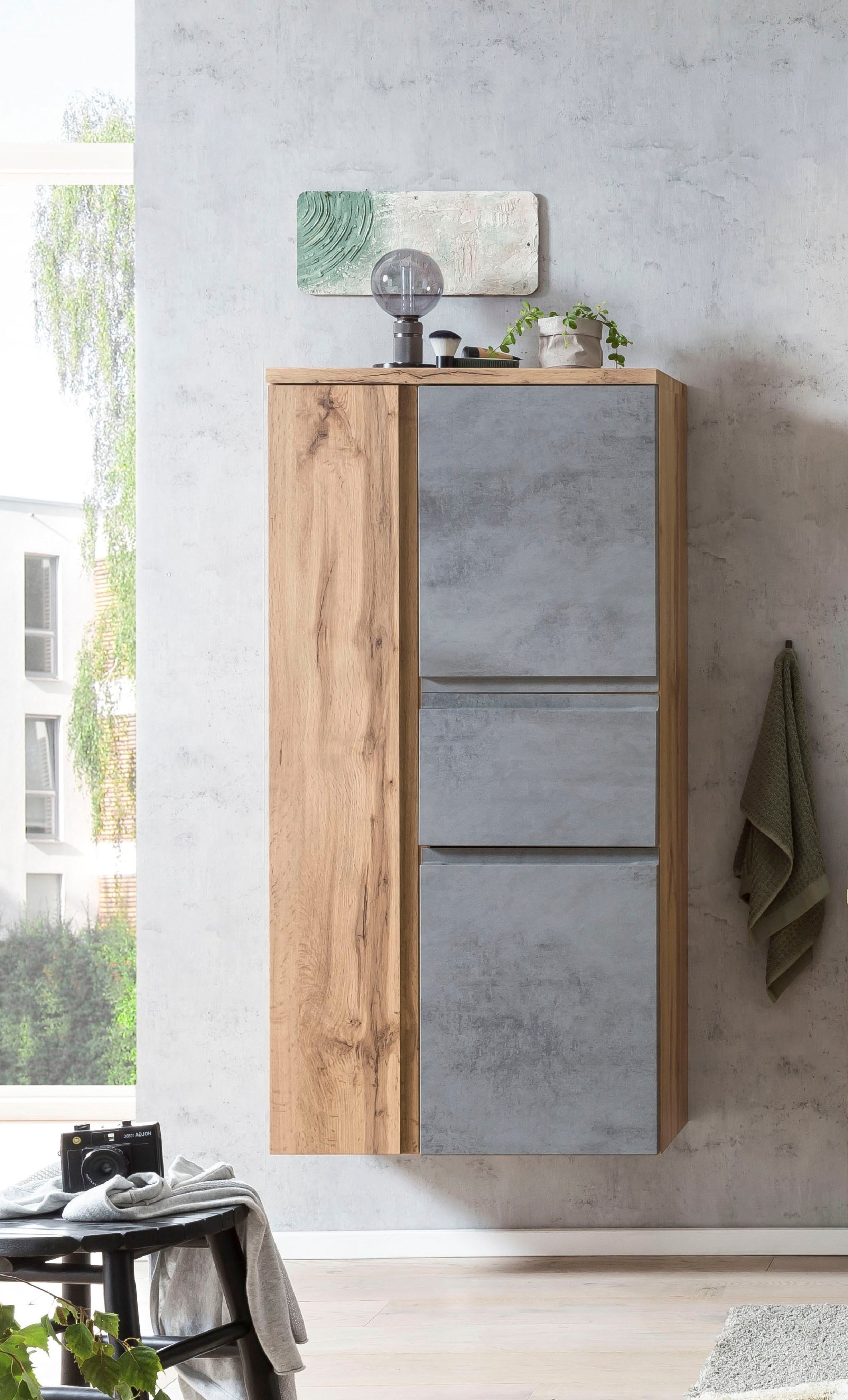Midischrank WELLTIME "Sölden", grau (oxid beton), B:65cm H:130cm T:35cm, MDF, Schränke, Midischrank oxid beton wotaneiche, B/H/T: 65cm x 130cm x 35cm, Schubladen: 1 Stk. Türen: 2 Stk.