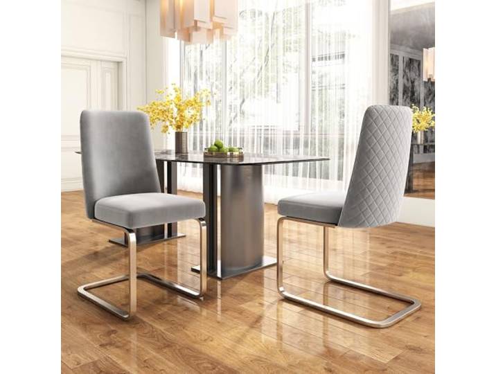 Merax Küchenstühle 2er-Set, Samt Esszimmerstühle mit Metall-Stützbeinen, bequemer Wohnzimmerstühle für Wohnzimmer, Schlafzimmer, Samt, Grau & Silber