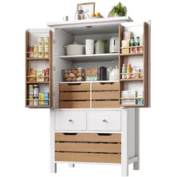 STILVORA Küchenschrank 80x40x140  Weiß mit 2 Türen und 5 Schubladen, Oberfach mit Einlegeböden, Kippschutz, magnetischer Verschluss