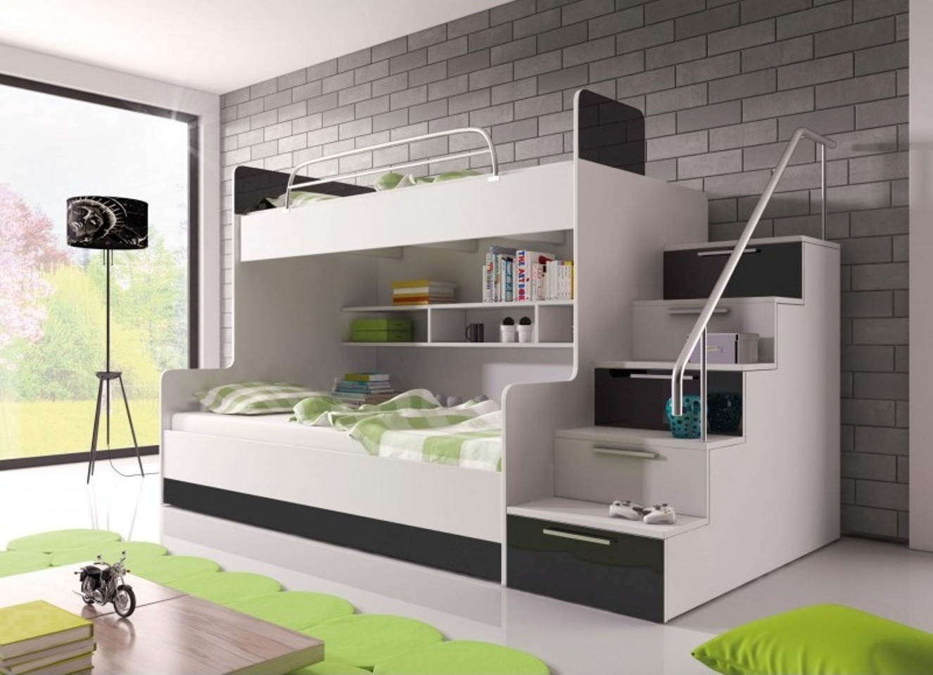 Schwarz Doppelstockbett Etagen Bett Kinderzimmer Betten Hochbett Hochglanz Möbel