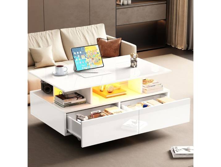 Table basse SENVIRO lumineuse design contemporain deux tiroirs 90x55x41cm blanc