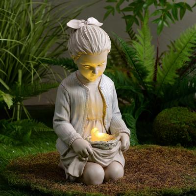 Hi-Line Gift Sitting Girl W/ Bird Nest Lighted Garden Statue Solar Powered LEDs