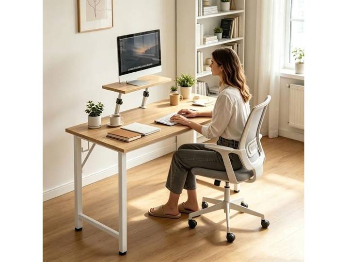 Rcynview Bureau d'Ordinateur 100x50cm - Bureau Informatique Ergonomique - Avec Support Écran Amovible+Crochet Casque - Couleur bois