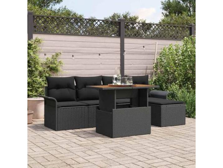 HEFZGDB Garten Sofa Terrassensofa Set 6 pcs Modernes Rechteckiges Esszimmer-Set für Außenbereich Schwarz Poly Rattan mit Stauraum und Kissen