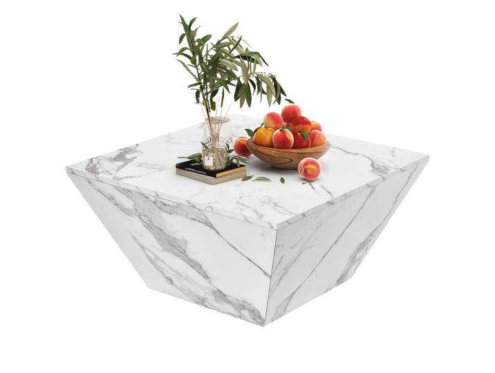 Flieks Couchtisch 70x70cm Weiß Trommelform Marmoroptik Trapezförmig Modern, Holz, 77x13x87 cm, Wohnzimmer, Wohnzimmertische, Couchtische