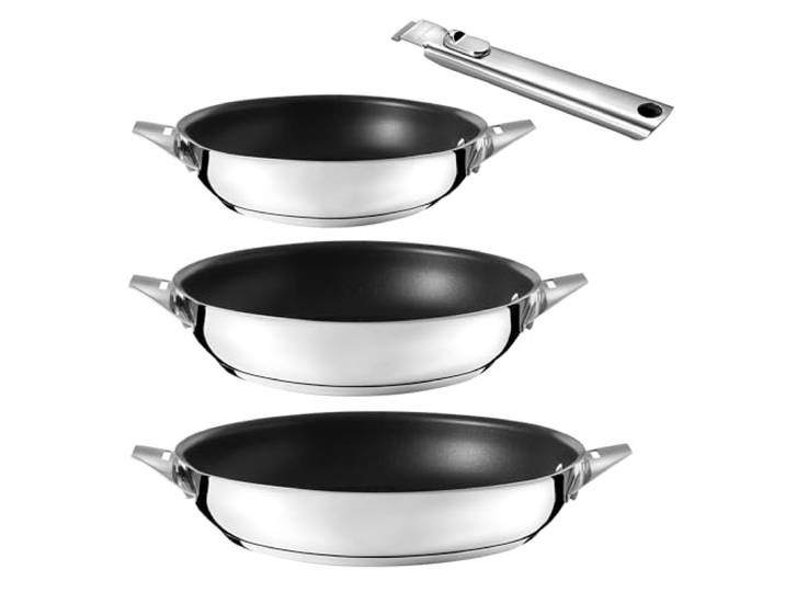 Cuisinox Eclipse lot 3 poêles céramique 20/24/28 cm + poignée amovible inox Lot 3 poêles céramique 20/24/28 cm + poignée amovible\, inox 18/10\, fond encapsulé 6\,3 mm\, tous feux dont induction\, empilable