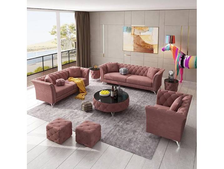 JVmoebel Polstergarnitur Elegantes Stoffsofa in Chesterfield-Optik mit hochwertiger Polsterung, (Set, 3-tlg), Made in Europa