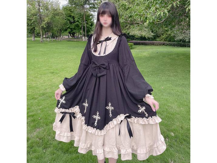 Robes Lolita grande taille pour femmes, manches longues, volants, rubans, point de croix, mignon, col de poupée, nœuds, Costume de bal d'halloween