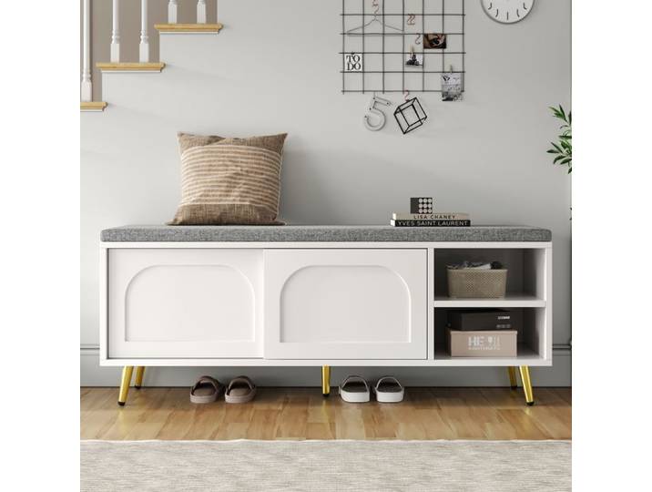 Banc à chaussures avec rangement - Banc d'entrée - Coussin d'assise - Rangement pour chaussures - Portes amovibles