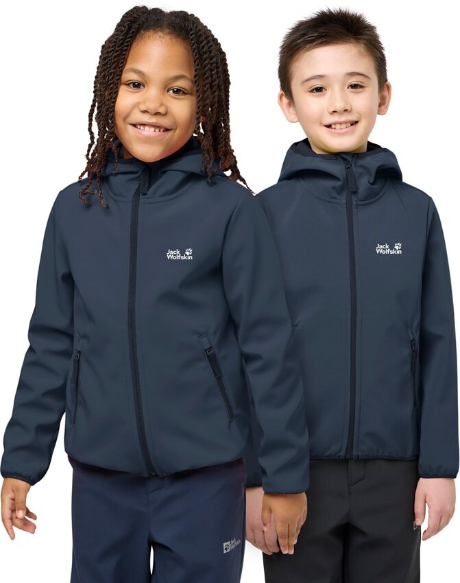 Softshelljacke JACK WOLFSKIN "FOURWINDS JACKET KIDS", Kinder, Gr. 104, blau (midnight sky), Softshell, Obermaterial: 100% Polyester, hoch geschlossener Ausschnitt, eingefasste Kante, Jacken Softshelljacke, für Kinder, mit Kapuze, wasserabweisend midnight 
