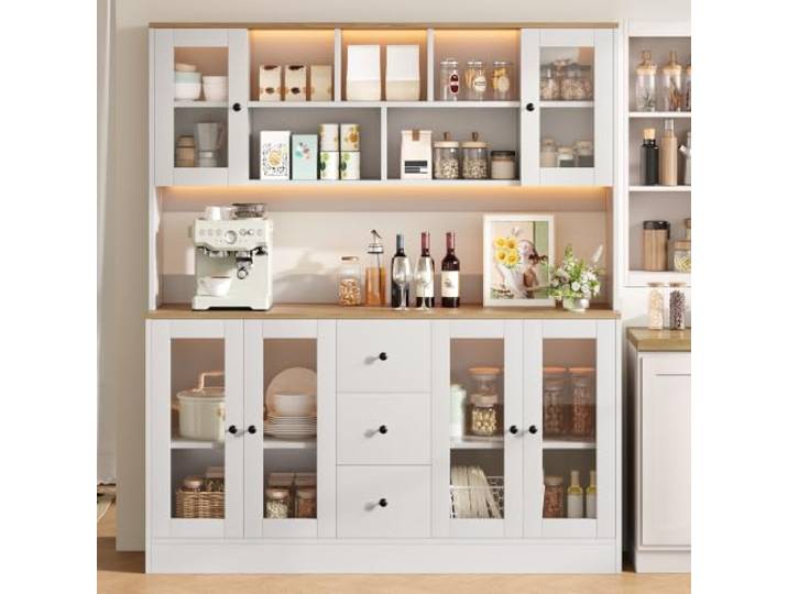 Merax Buffetschrank mit LED & Steckdosen, Vitrinenschrank mit Verstellbarem Einlegeboden & Arbeitsplatte, Mehrzweckschrank mit Schubladen, Holzoptik, Küche & Esszimmer, 40x150x173cm, Weiß
