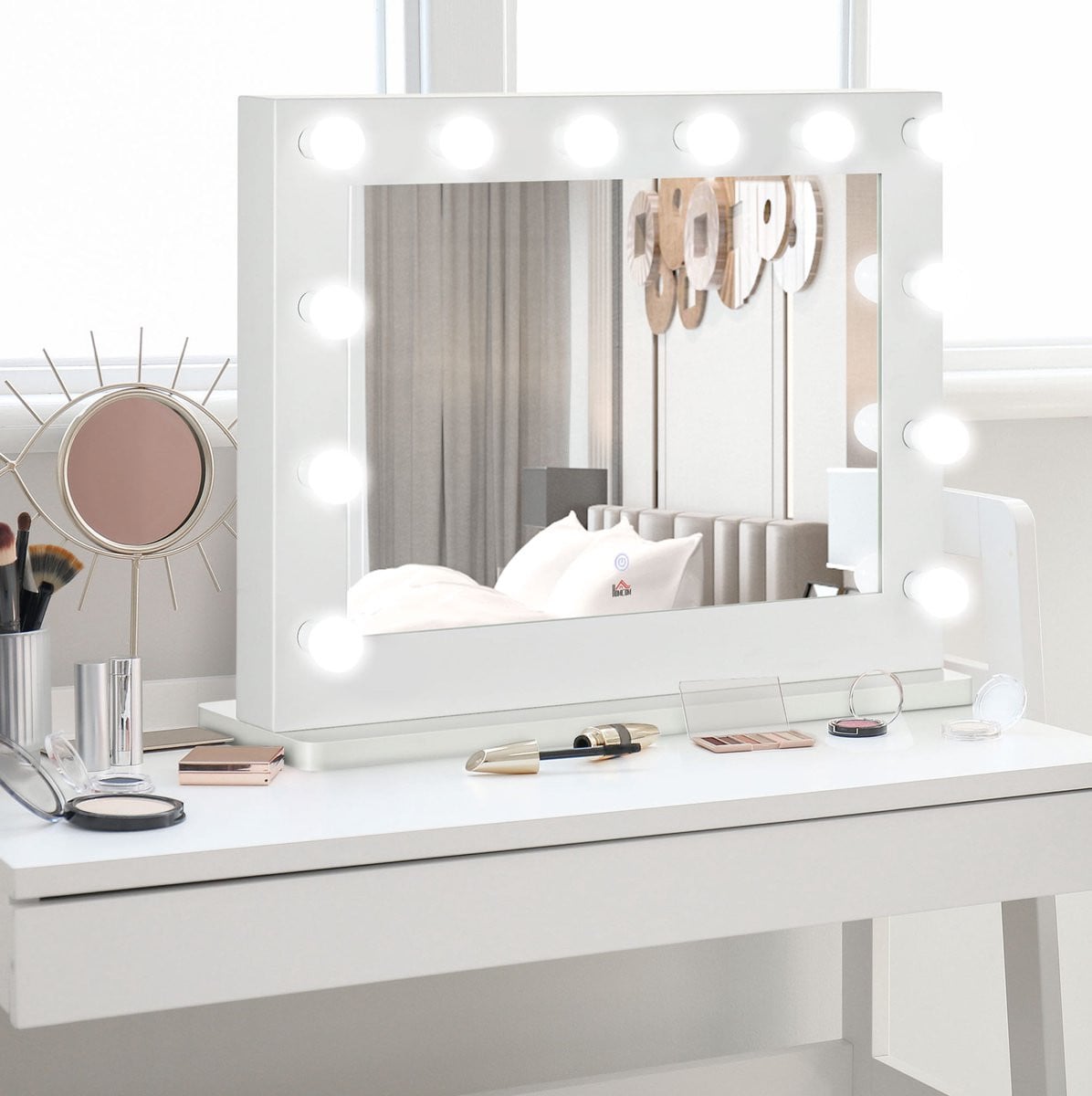Hollywood Spiegel met Verlichting Wit - Staande Spiegel met 12 Dimbare Ledlampen en Touchschakelaar - B/D/H: 80 x 60 cm