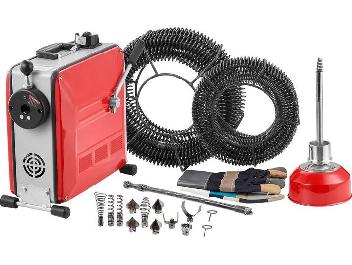 Machine électrique de débouchage de canalisations VEVOR\, déboucheur 850 W\, câbles à ressort 14\,5 m x 16 mm\, 14 m x 22 mm et 5 m x 9\,5 mm\, ressort flexible 0\,4 m x 12 mm et 11 couteaux\, pour tuyaux de 50 à 200 mm de diamètre