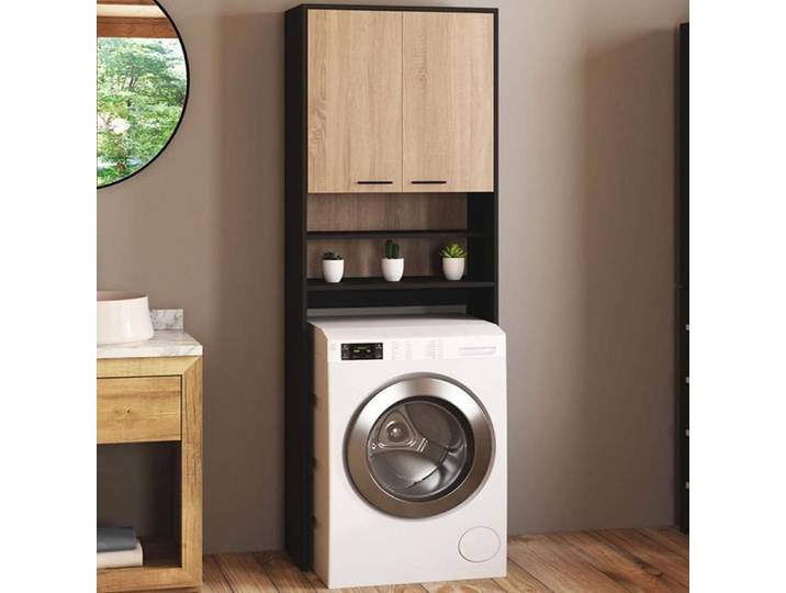 IDMARKET Meuble étagères de rangement dessus machine à laver et WC WALLIS noir et bois façon hêtre