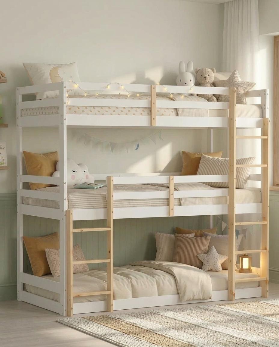 Homestyle4u Etagenbett 90x200 Kinder Hochbett mit Lattenrost Dreifachbett Weiß Massivholz Kinderzimmer Holz Gäste Stockbett mit Rausfallschutz