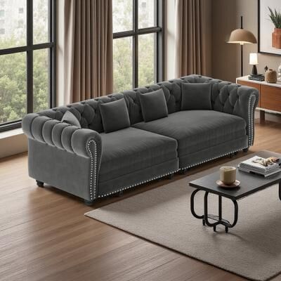 "89"" Velvet 3-in-1 Chesterfield Pull-Out Sleeper Sofa with Chaise Lounge and Movable Ottoman"